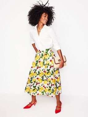 Boden White Midi Skirt with Yellow Lemon & Cherry Print